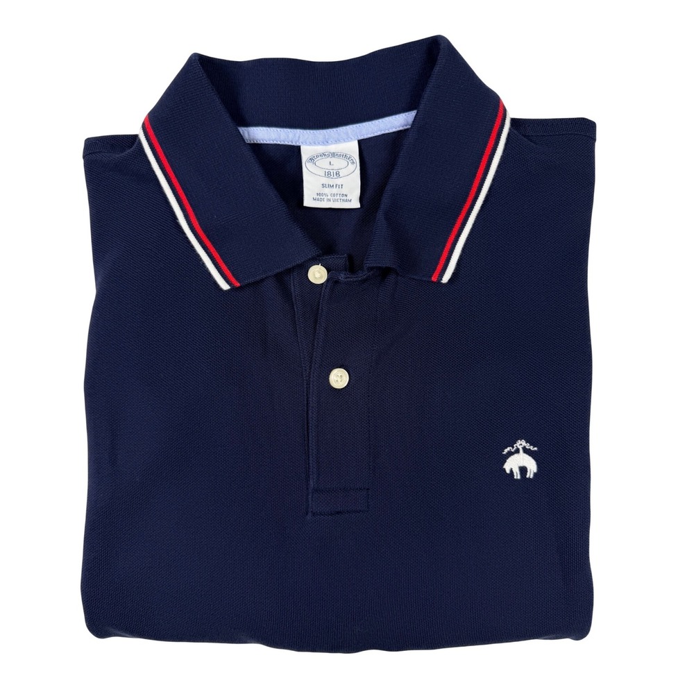Brooks Brothers Polo Shirt Mens L Navy Blue Excellent Slim Fit Tipped Collar